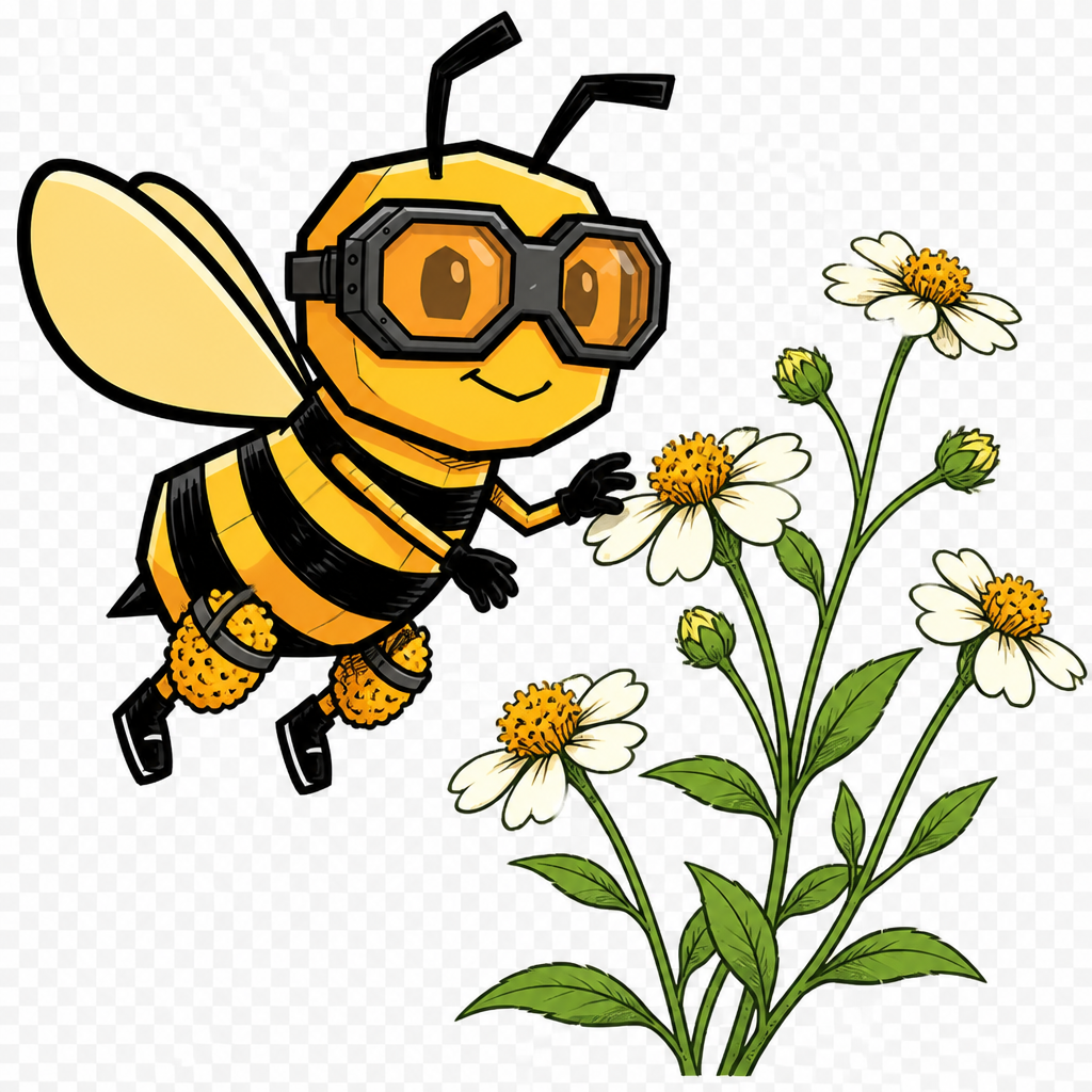 Hex hovering at Spanish needle flowers with pollen on his legs