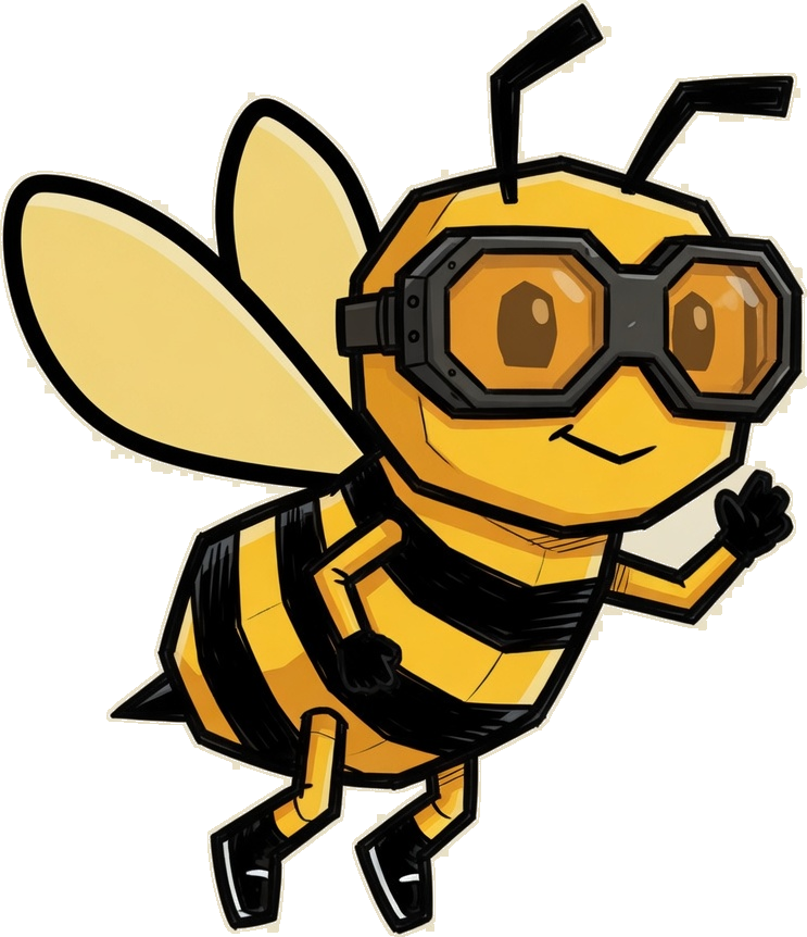 Hex cut, a yellow-and-black honey bee in goggles