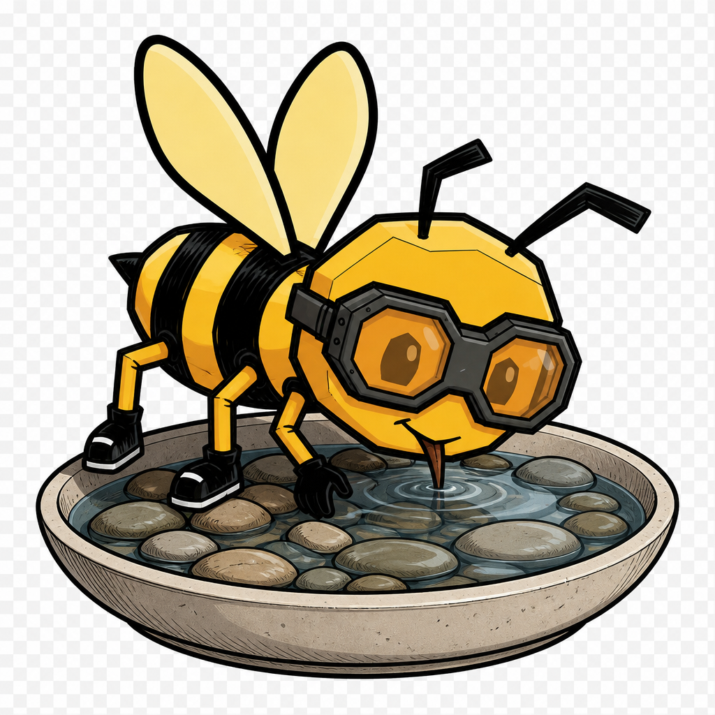 Hex drinking from a shallow dish with landing stones