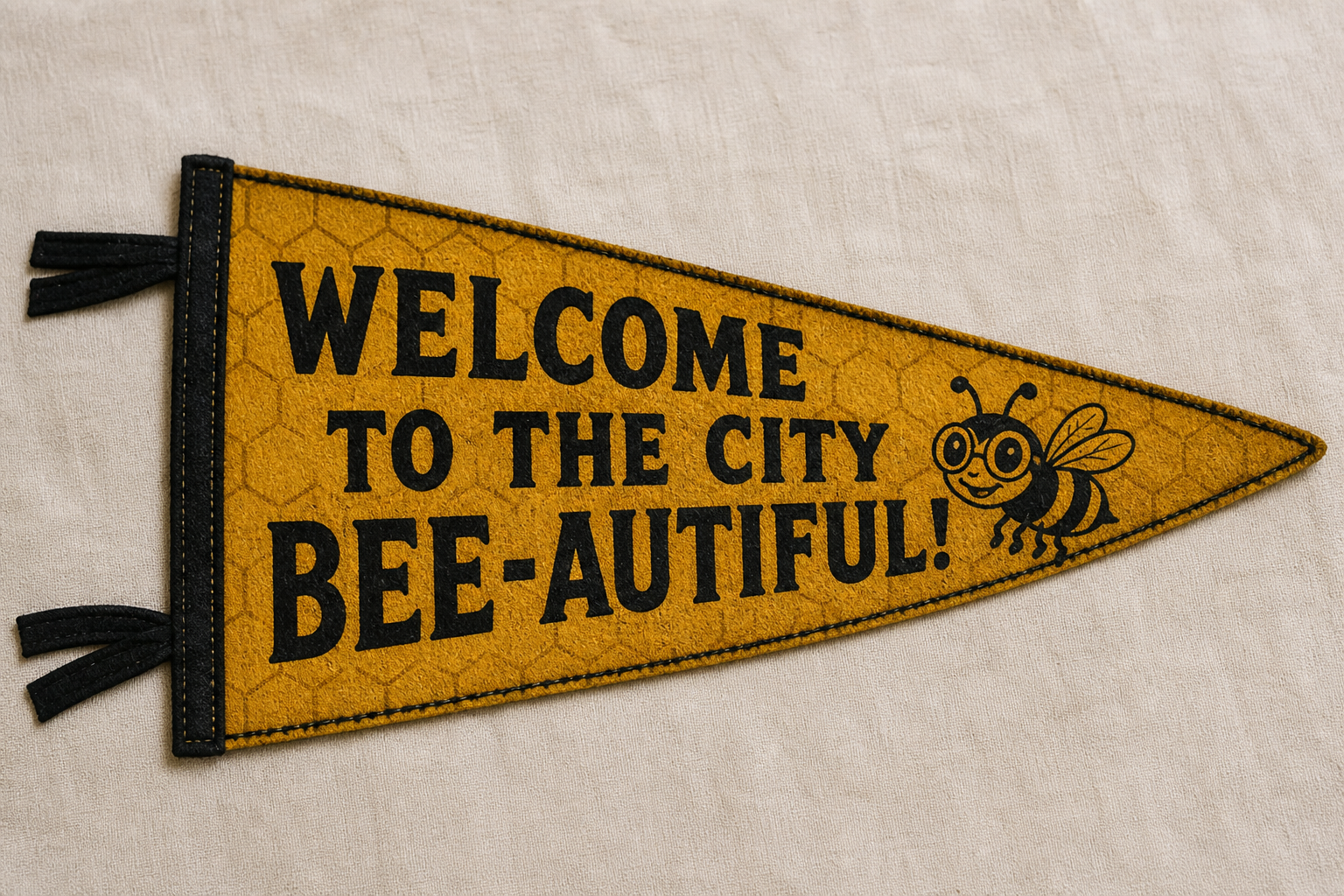 Felt pennant on linen. Welcome to the City Bee-autiful, Hex on the point.