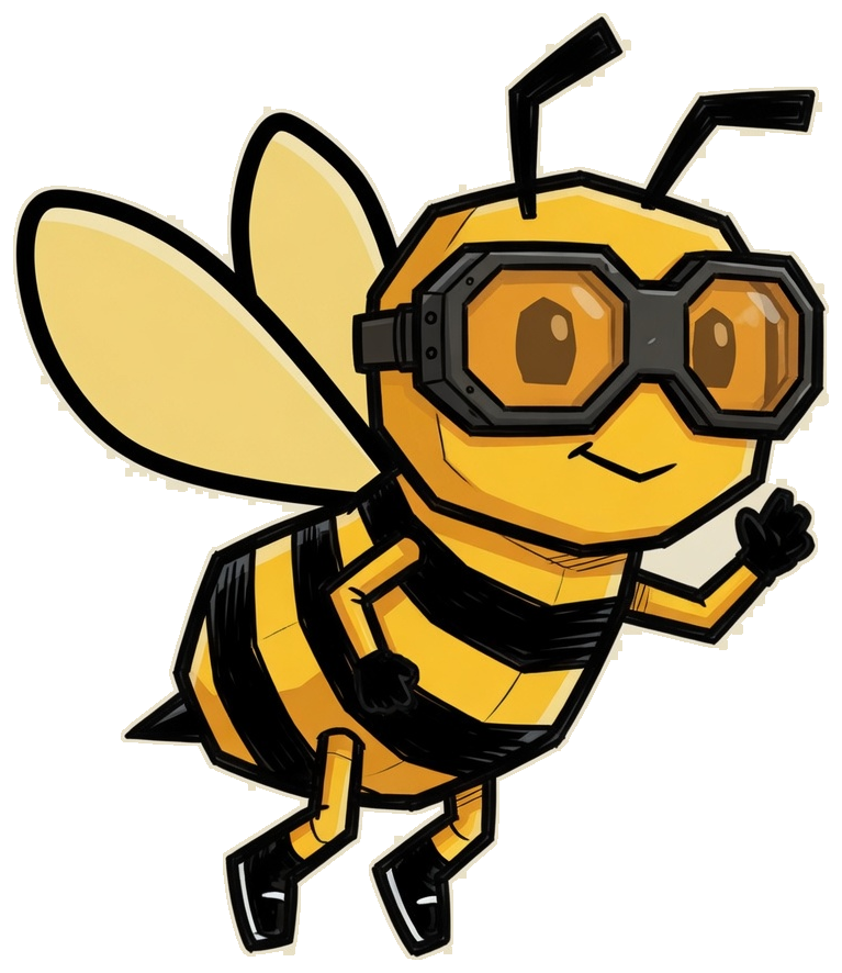 Hex, a yellow-and-black honey bee in goggles