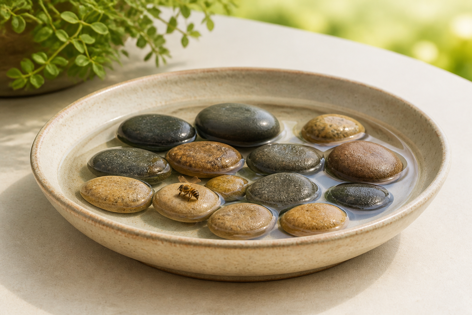 A shallow water dish with landing stones